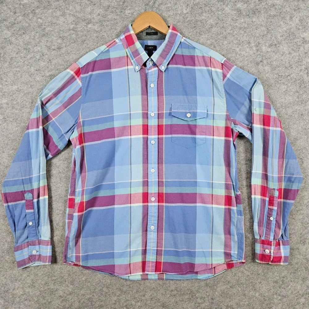 J Crew Slim Fit Multicolor Plaid Long Sleeve Button Down Shirt Mens Size L FLAWS